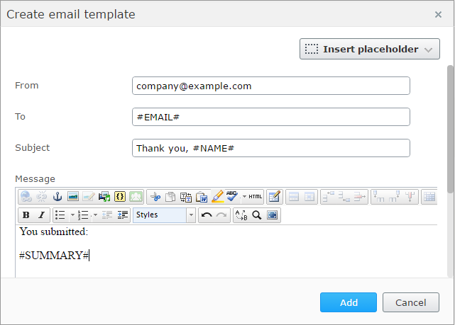 Image: Create email template dialog box